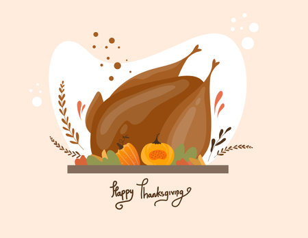 Thanksgiving day greeting card. Roast turkey. Vector illustration.のイラスト素材