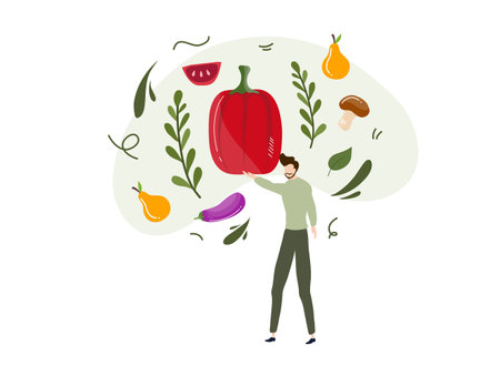 Vegetarian woman with vegetables and fruits. Vector flat illustration.のイラスト素材