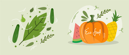 Set of vector illustrations of pumpkins, cucumbers, leaves and fruits.のイラスト素材