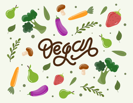 Vegetables and fruits vector illustration. Handwritten lettering.のイラスト素材