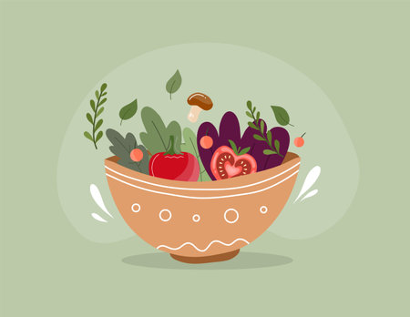 Vegetable salad in a bowl. Vector illustration in flat styleのイラスト素材