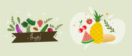 Vegetables and fruits in flat style. Vector illustration for your designのイラスト素材