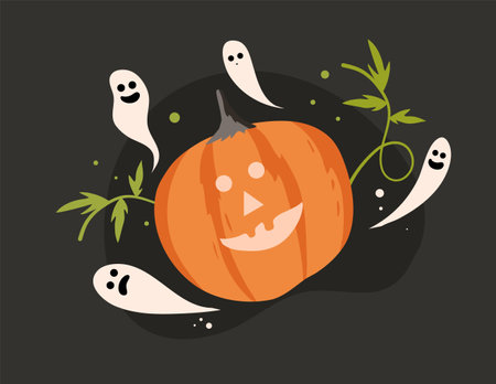 Halloween pumpkin with ghost on black background. Vector illustration in flat style.のイラスト素材