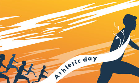 energetic background design for Athlete Day, featuring silhouettes of runners and athletes in motionのイラスト素材