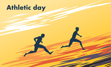 energetic background design for Athlete Day, featuring silhouettes of runners and athletes in motionのイラスト素材