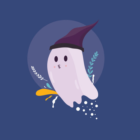 Halloween ghost. Vector illustration in flat style on dark blue background.のイラスト素材
