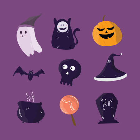 Halloween icons set. Vector illustration in a flat style. Isolated on a purple background.のイラスト素材