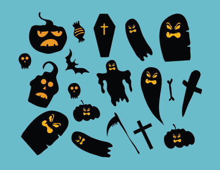 set of black halloween icons on blue background. vector illustrationのイラスト素材