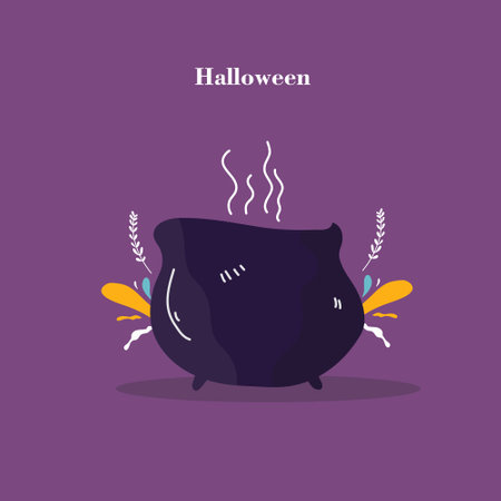 Illustration of Halloween witch cauldron on purple background. Vector illustrationのイラスト素材