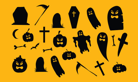 Set of Halloween icons on a yellow background. Flat style. Vector illustrationのイラスト素材