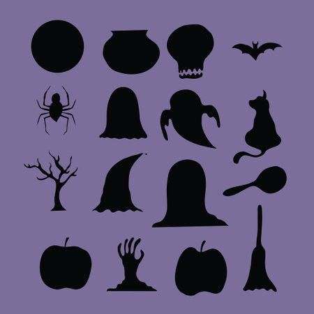 Halloween icons set. Black silhouettes on purple background. Vector illustration.のイラスト素材