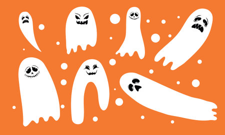 Set of white ghosts on an orange background. Vector illustration for Halloween.のイラスト素材