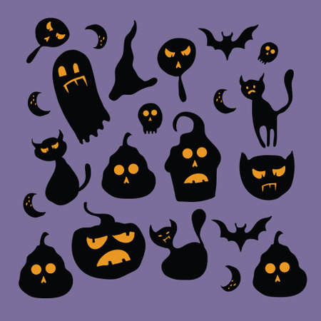 Halloween icons set with black silhouettes of pumpkins, bats and ghosts.のイラスト素材