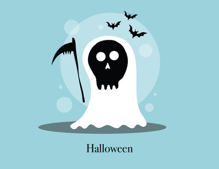 Halloween vector illustration with ghost and bat on blue background. Flat designのイラスト素材