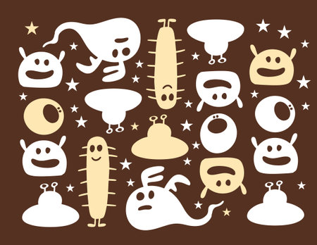 Set of cute hand drawn monsters and aliens. Vector doodle illustration.のイラスト素材