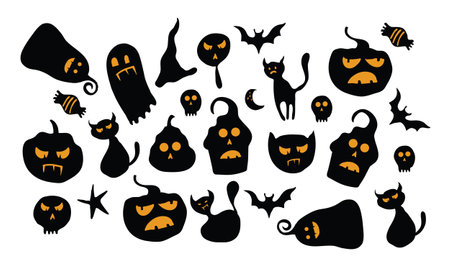 Set of black silhouettes of halloween elements. Vector illustrationのイラスト素材