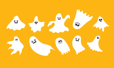 Set of ghost characters on a yellow background. Vector illustration for Halloween.のイラスト素材