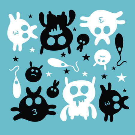 Set of cute monsters on a light blue background. Vector illustration.のイラスト素材