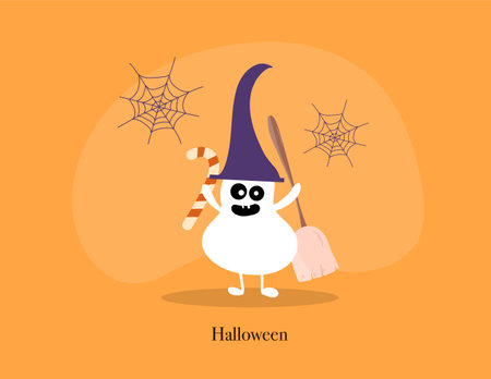 Halloween vector illustration. Cute cartoon character with a broom and spider web.のイラスト素材