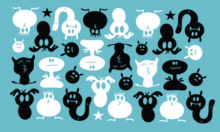 Set of cute monsters. Vector illustration. Isolated on blue background.のイラスト素材