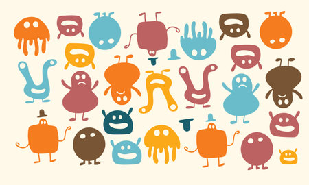 Cute monsters doodle set. Hand drawn vector illustration.のイラスト素材