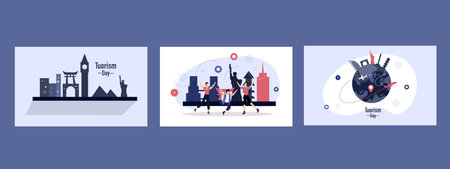 Set of vector illustrations in flat style about travel and tourism. Elements for web design.のイラスト素材