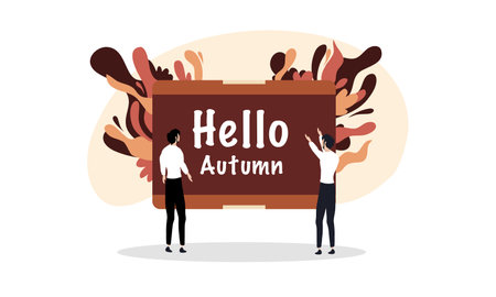 Hello autumn concept. Flat vector illustration of people holding a wooden sign.のイラスト素材