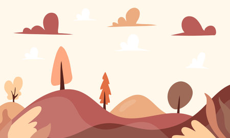 Autumn landscape with trees and hills. Vector illustration in flat styleのイラスト素材