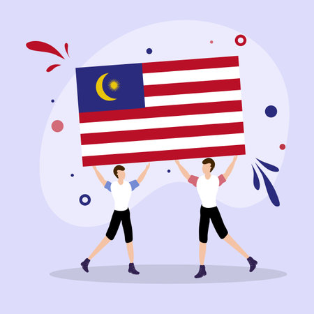 Man and woman holding a Malaysia flag. Vector illustration in flat styleのイラスト素材