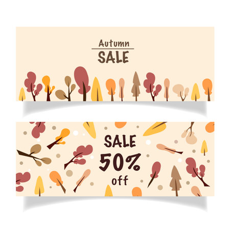 Autumn sale banners set with fall trees and autumn leaves. Flat style vector illustration.のイラスト素材