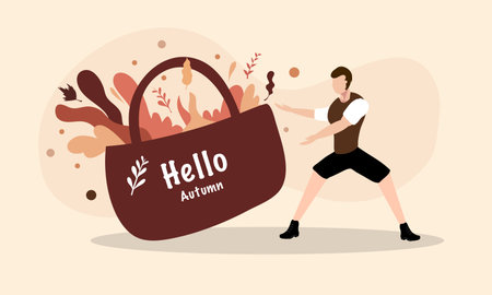 Vector illustration of a man running with a bag full of food.のイラスト素材