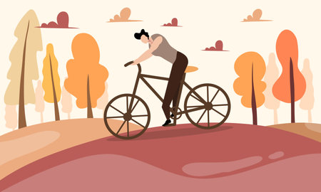 Man riding bicycle in the park. Vector illustration in flat style.のイラスト素材