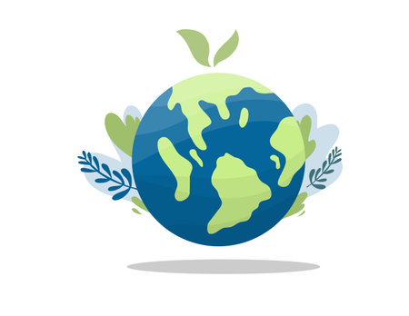 Planet earth with green leaves and branches. Vector illustration in flat styleのイラスト素材
