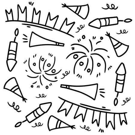 birthday set with doodle line style vectorのイラスト素材