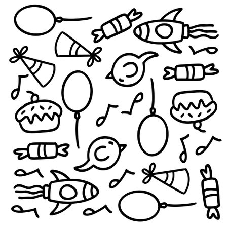 birthday set with doodle line style vectorのイラスト素材