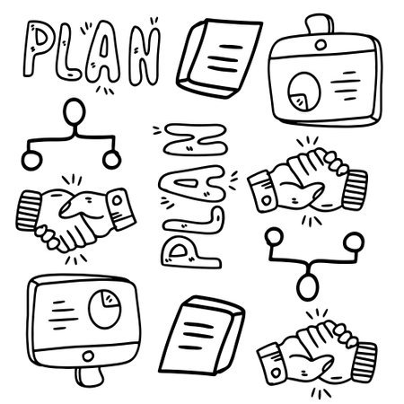business startup set with doodle line style vectorのイラスト素材