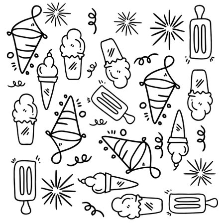 birthday set with doodle line style vectorのイラスト素材