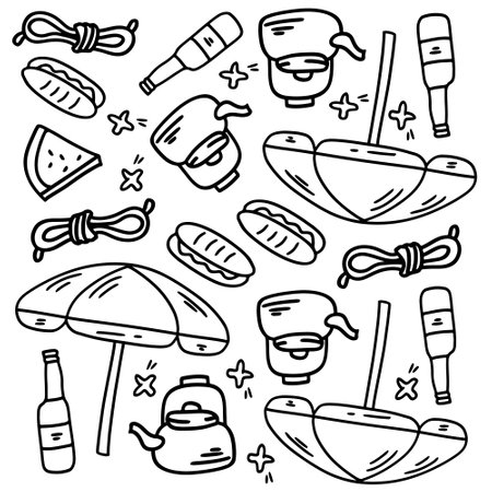 picnic and camping doodle line set vectorのイラスト素材