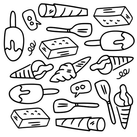 ice cream set with doodle line style vectorのイラスト素材