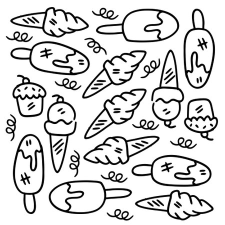 ice cream set with doodle line style vectorのイラスト素材