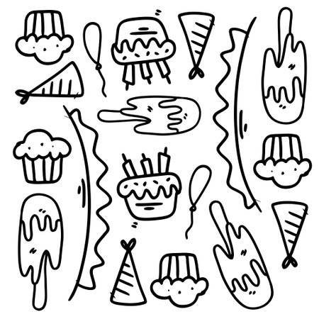 birthday set with doodle line style vectorのイラスト素材
