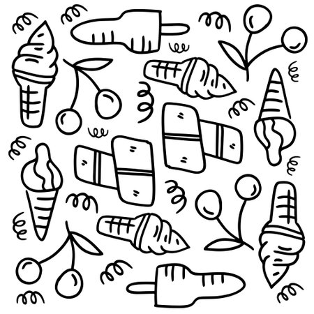 ice cream set with doodle line style vectorのイラスト素材