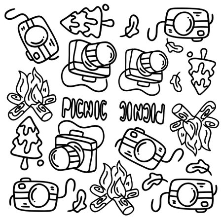 picnic and camping doodle line set vectorのイラスト素材