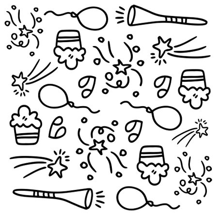 birthday set with doodle line style vectorのイラスト素材