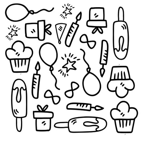 birthday set with doodle line style vectorのイラスト素材