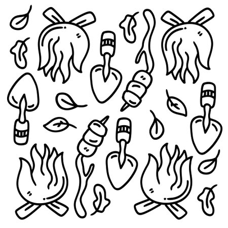 picnic and camping doodle line set vectorのイラスト素材