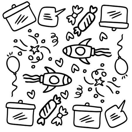 birthday set with doodle line style vectorのイラスト素材