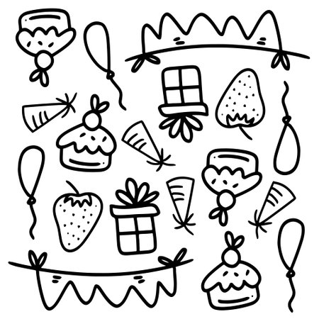 birthday set with doodle line style vectorのイラスト素材