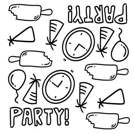 birthday set with doodle line style vectorのイラスト素材
