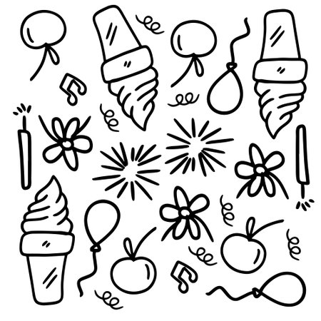 birthday set with doodle line style vectorのイラスト素材